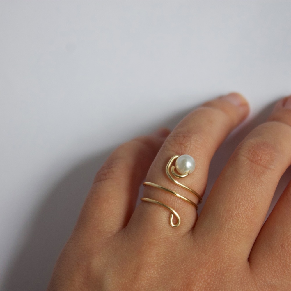 3 wrap wire ring with glass white pearl - Picture 2 of 3